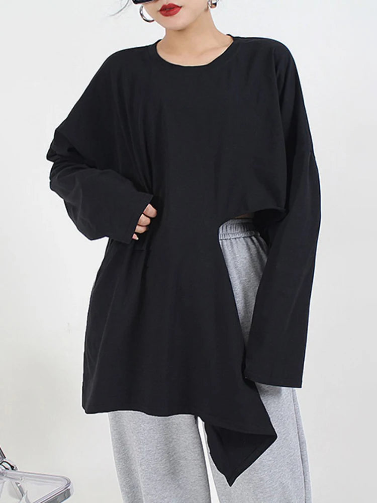 🍒Hot pink t-shirt big size Irregular side slit tee with o-neck long sleeve fashion for women smart casual spring autumn clothing  Don’t Cut Across This Cool Cross Cut