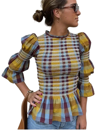 🍒Vintage plaid tops elastic pleated shirt women casual clothes o-neck long sleeves ruffle hem top chic fashion high streetwear smart casual clothing