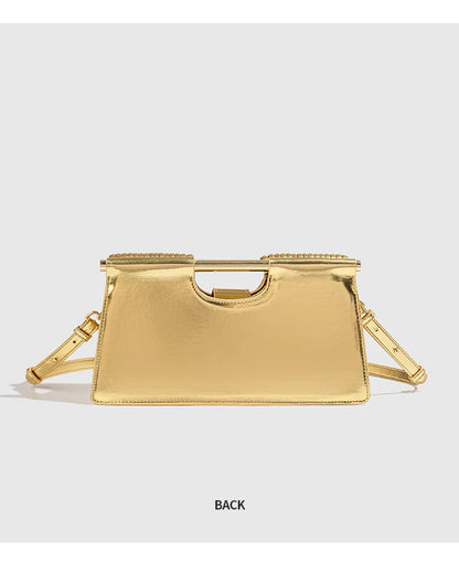 🍒Handwoven style Women's gold crossbody bag clutch handle occasion handbags smart casual strands pu material soft Texture triangle shape shoulder bag Strands Of Style