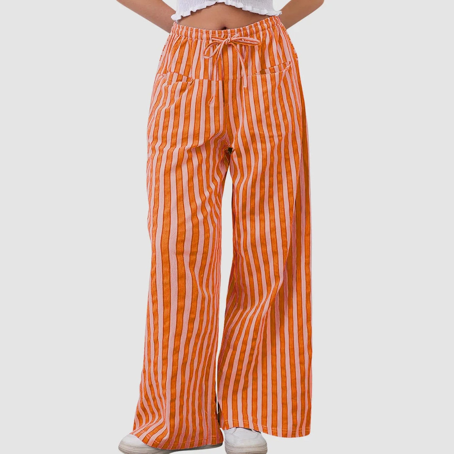 🍒Gestreepte wye been broek hoë middellyf elastiese broek trekkoord wye been broek sakkerige onderdele vroue gemaklike hoëstraat klere met sak Kry 'n lospassende voorkoms in gestreepte los broeke