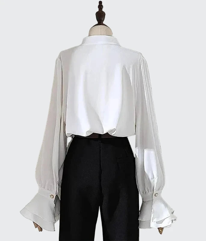 🍒Vintage blouse court style button fold flare sleeve slim pure white shirt with ruffles women elegant stand collar top female smart casual wear office clothing occasion clothing  No One Will Judge You With This Cool Court Style Blouse