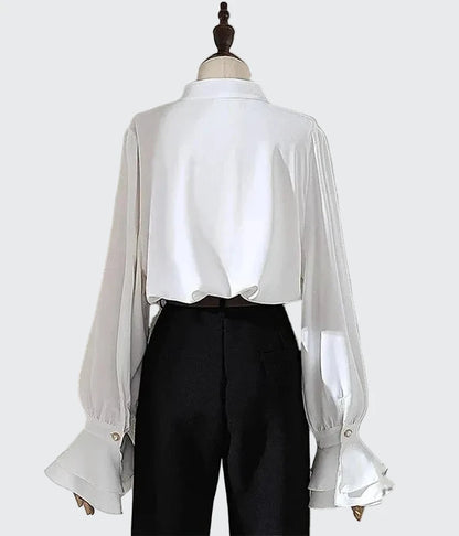 🍒Vintage blouse court style button fold flare sleeve slim pure white shirt with ruffles women elegant stand collar top female smart casual wear office clothing occasion clothing  No One Will Judge You With This Cool Court Style Blouse