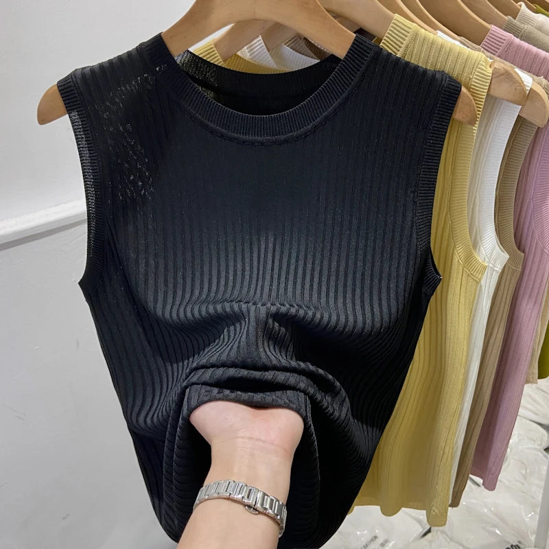 🍒女士针织背心细针无袖衫夏季女装圆领无袖T恤休闲服装，背心让您的上衣更上一层楼