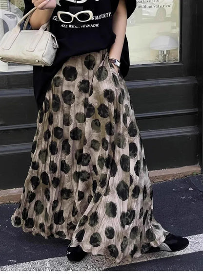 🍒Spot maxi skirt high waisted holiday beach wear women fashion a-line print tie dye style smart casual summer clothing Spacious Spot On Skirt