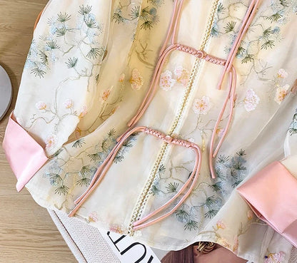 🍒Shirt jacket for women Light outer for women chinese style jacket chiffon embroidery Jacquard tie light cover up sunscreen cardigan Summer beach coverup for occasion and casual coverup See Through The Day