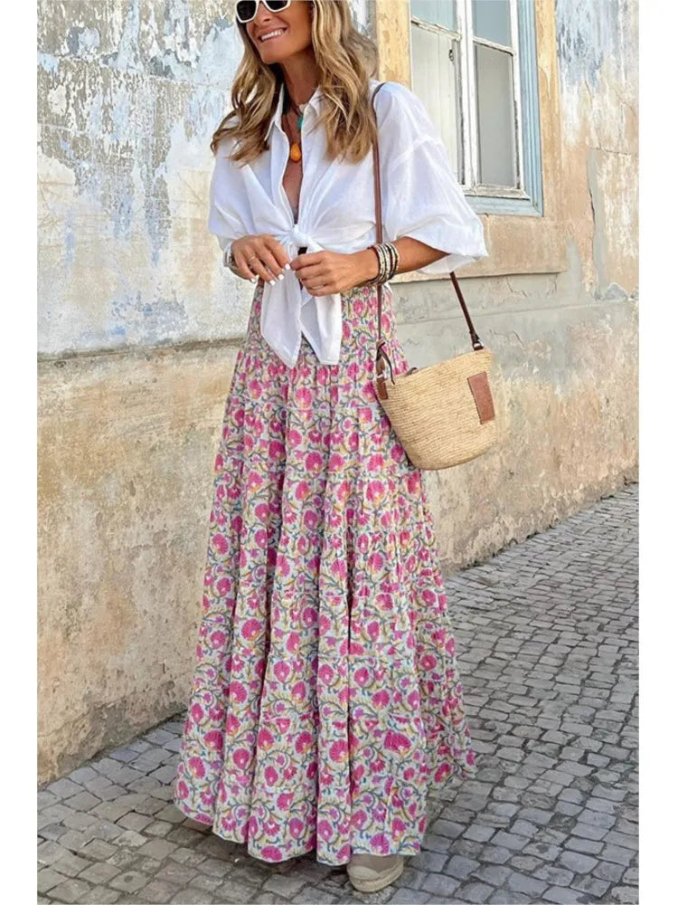 🍒Gedrukte somerrok boho somermodes gemaklike drag klere strandpartytjie klere los a-lyn reisrok elegante Boheemse styl drag Pou In Mooi Pienkes