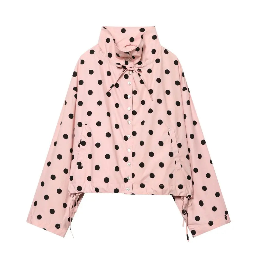🍒Polka kol modieuse pienk baadjies lente/somer klere gedrukte los bedekkingsbaadjie-top met staankraag, sjiek gemaklike klere met trekkoorddetail Lente, Liefling