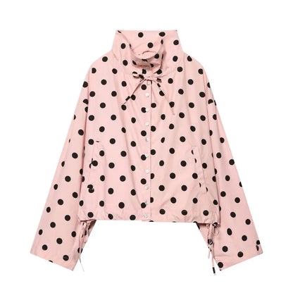 🍒Polka kol modieuse pienk baadjies lente/somer klere gedrukte los bedekkingsbaadjie-top met staankraag, sjiek gemaklike klere met trekkoorddetail Lente, Liefling