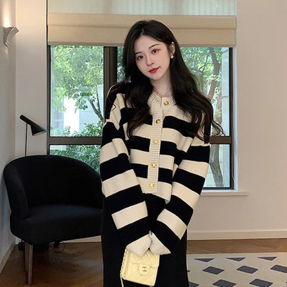 🍒 条纹女式开衫 Y2K美学甜美针织外套复古长袖毛衣 春秋款宽松休闲短款上衣 樱桃奶油条纹悦目