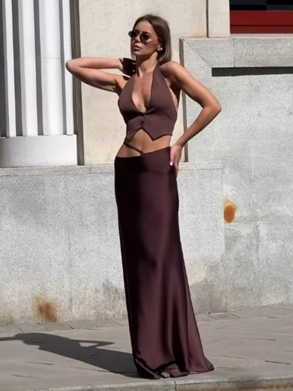 🍒2 pieces sets women satin maxi skirt outfit matching crop top snd long elegant skirt clubbing wear evening party wear holiday party wear