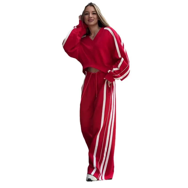🍒Vroue tweestukbroekstelle streeptrui los V-nektop en wye streeppypbroek sportiewe kortboordrag somer herfs wye pypbroek met trekkoordmiddellyf Sport 'n vrolike Cherri
