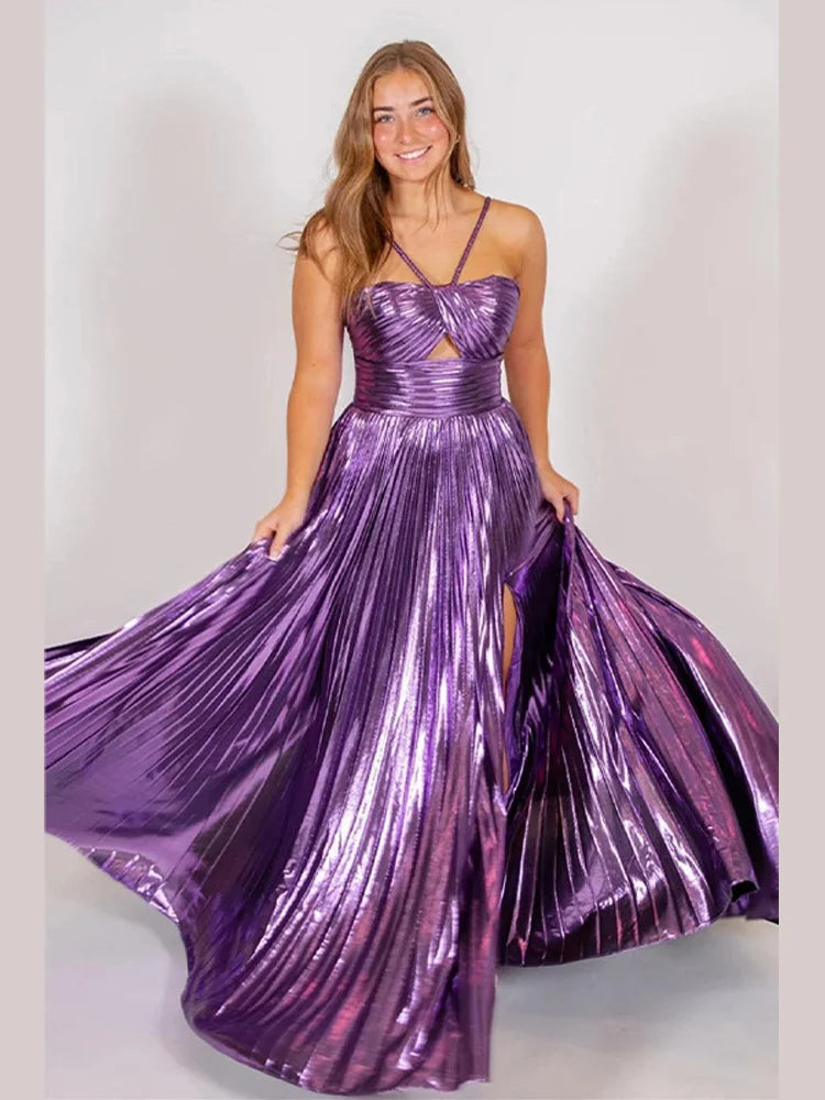 🍒Metallic pleated hollow slit women slip gown backless waist Slim elegant evening dress party wear vintage Liquid Lustre Look