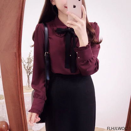 🍒Blouses with bows cute preppy style clothes women solid shirts  with ties formal work office wear essential summer clothing Pretty Up In Cute Bows