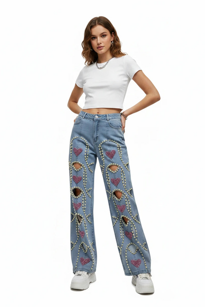 🍒Red diamond jeans embellished hollow heart Jeans for women loose wide leg denim trousers cool pants with rivets wHOLE HEARTedly made for you