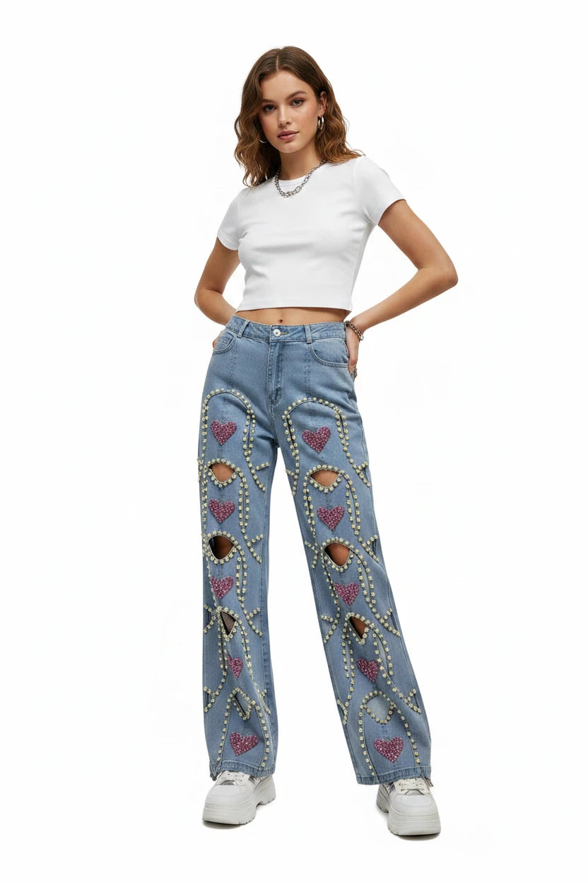 🍒Red diamond jeans embellished hollow heart Jeans for women loose wide leg denim trousers cool pants with rivets wHOLE HEARTedly made for you