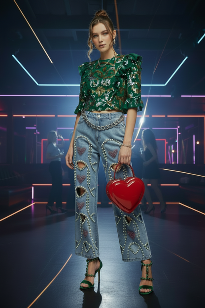 🍒Red diamond jeans embellished hollow heart Jeans for women loose wide leg denim trousers cool pants with rivets wHOLE HEARTedly made for you