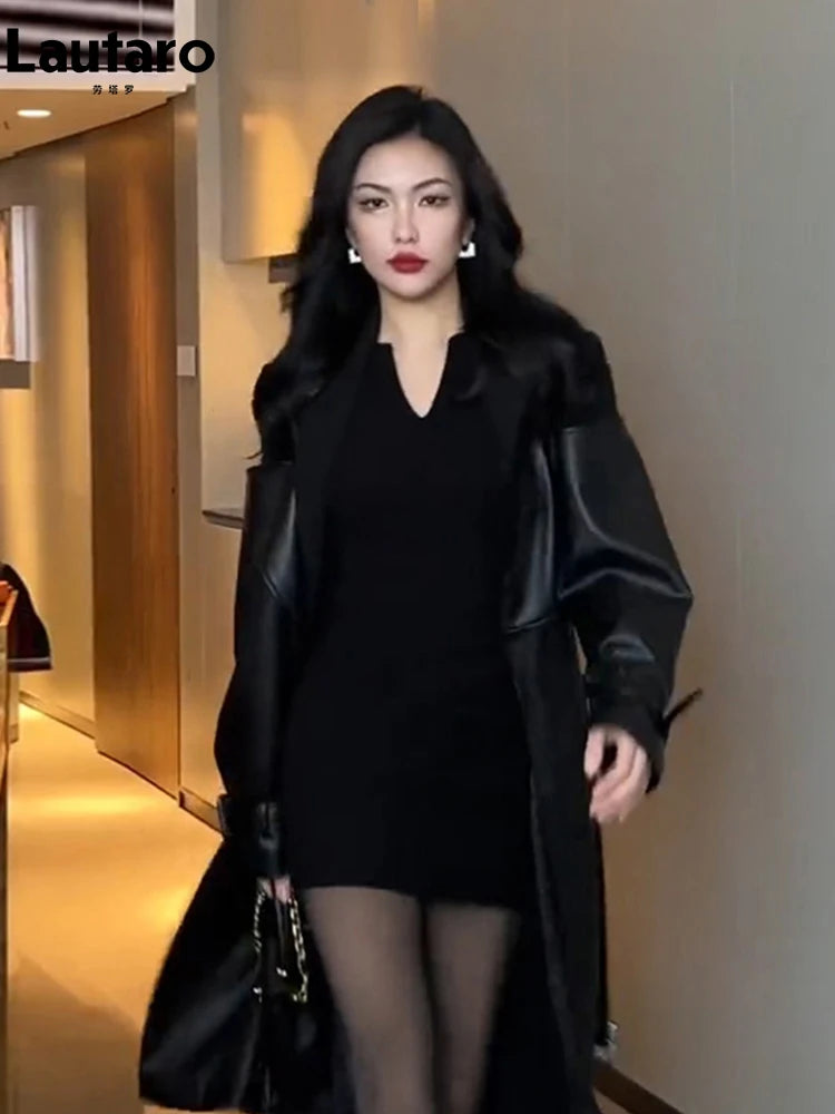 🍒Long black faux leather coat pu trench coat mixed media fashion womens autumn winter outerwear double breasted outerwear loose stylish luxury designer clothing Shoulder Bold