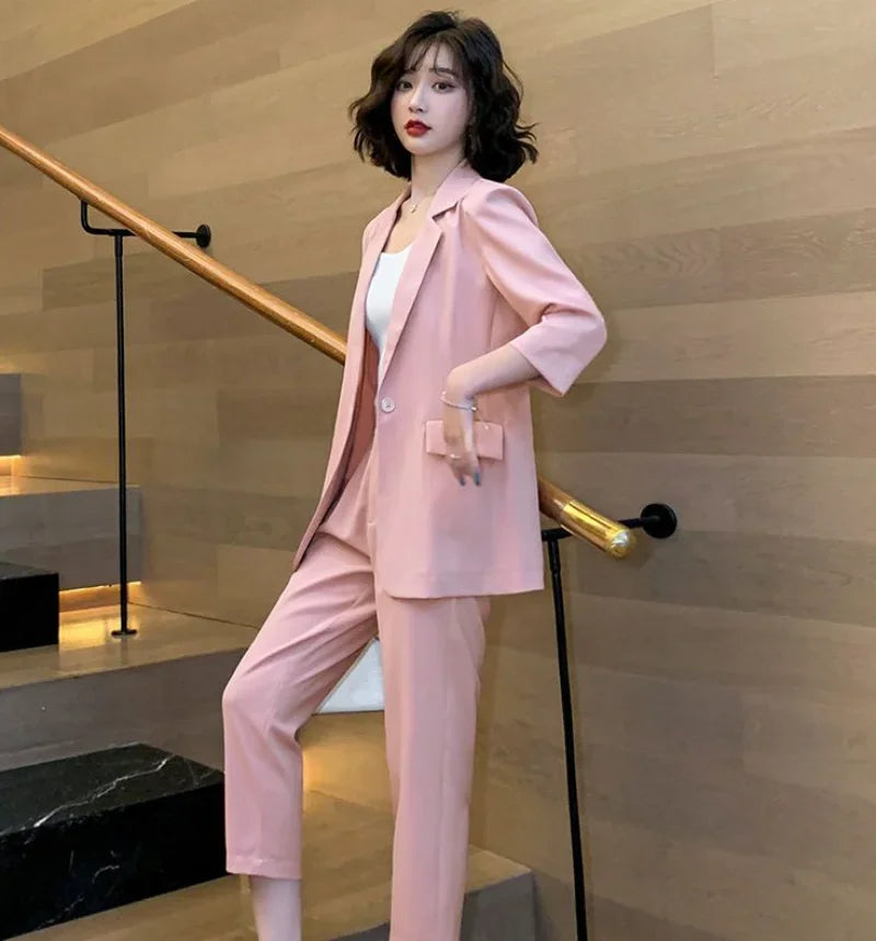 🍒Two piece blazer suit jacket and Pants two piece set for Women capri trousers with lapel jacket  office workwear party occasion wear Look Cool In Ice Cream