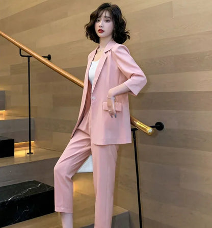 🍒Two piece blazer suit jacket and Pants two piece set for Women capri trousers with lapel jacket  office workwear party occasion wear Look Cool In Ice Cream