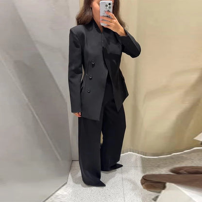 🍒Casual black blazer and pants set long sleeve jacket with fitted waist and long kick flare solid straight pant set women spring autumn suits  ‘Well fit