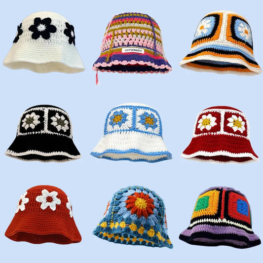🍒Herfs hekelhoed handgemaakte emmerhoed gebrei Y2k blommode herfs winter kleurvolle hoede Kry 'n Klokblom. Blom