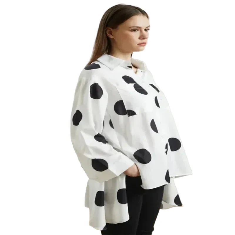 🍒Long sleeve polka dot shirt cotton Button Up high low blouse designer style clothing holiday wear chic fashion wear for women black and white fashion Delightful Dots