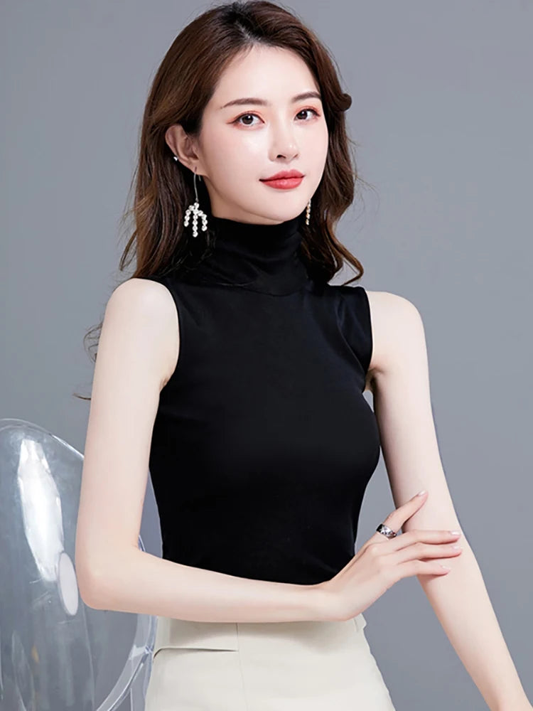 🍒Summer tops for women turtle neck sleeveless tank top female casual clothes cropped top tees black white blue Q'white A Top And In Black And Blue