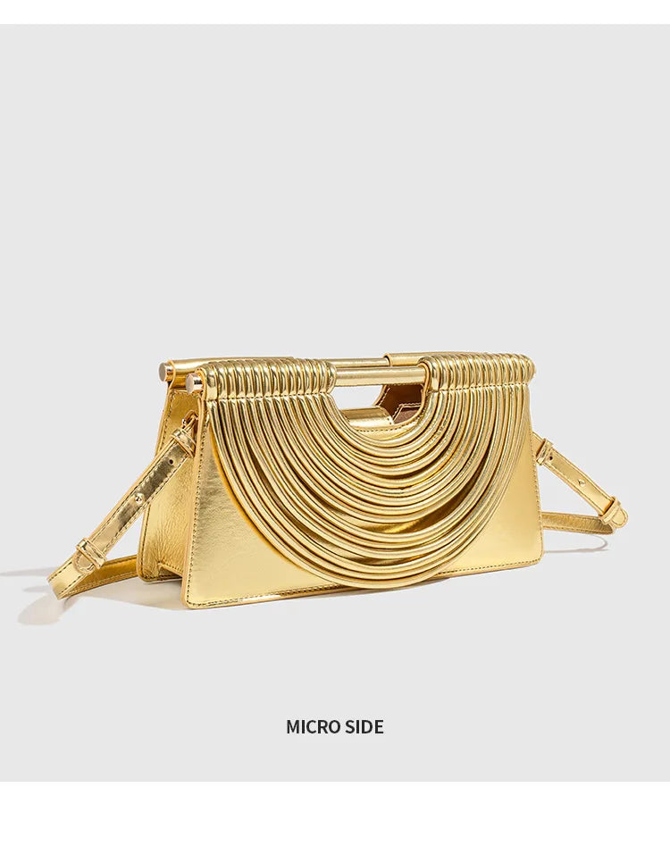 🍒Handwoven style Women's gold crossbody bag clutch handle occasion handbags smart casual strands pu material soft Texture triangle shape shoulder bag Strands Of Style