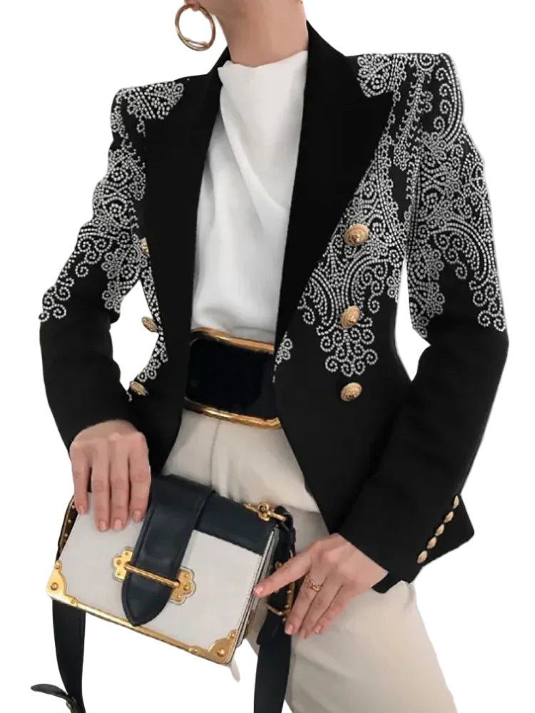 🍒Long sleeve button sequin jacket for occasion simple chic outerwear turn-down collar coats women spring autumn fashion ladies blazers    Aqua -ire A Cool Black and White Jacket