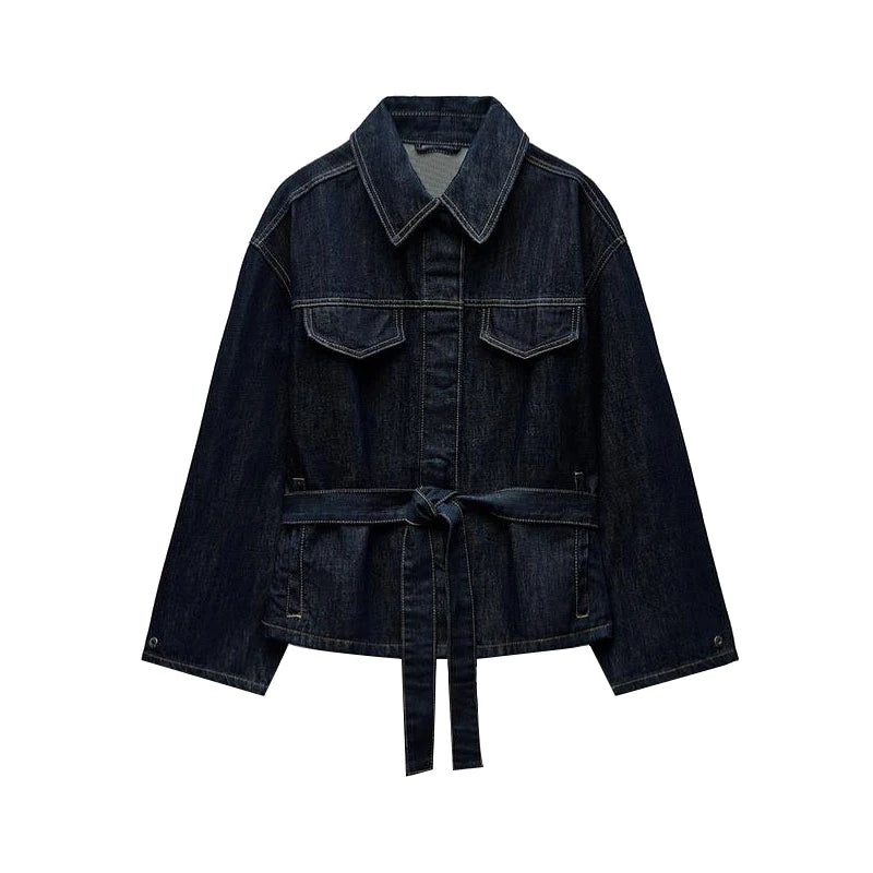 🍒Belt denim Jacket and Pants Sets shirt style jacket women butt up coat and straight trousers suit loose autumn Ladies outfits Dressy Denim