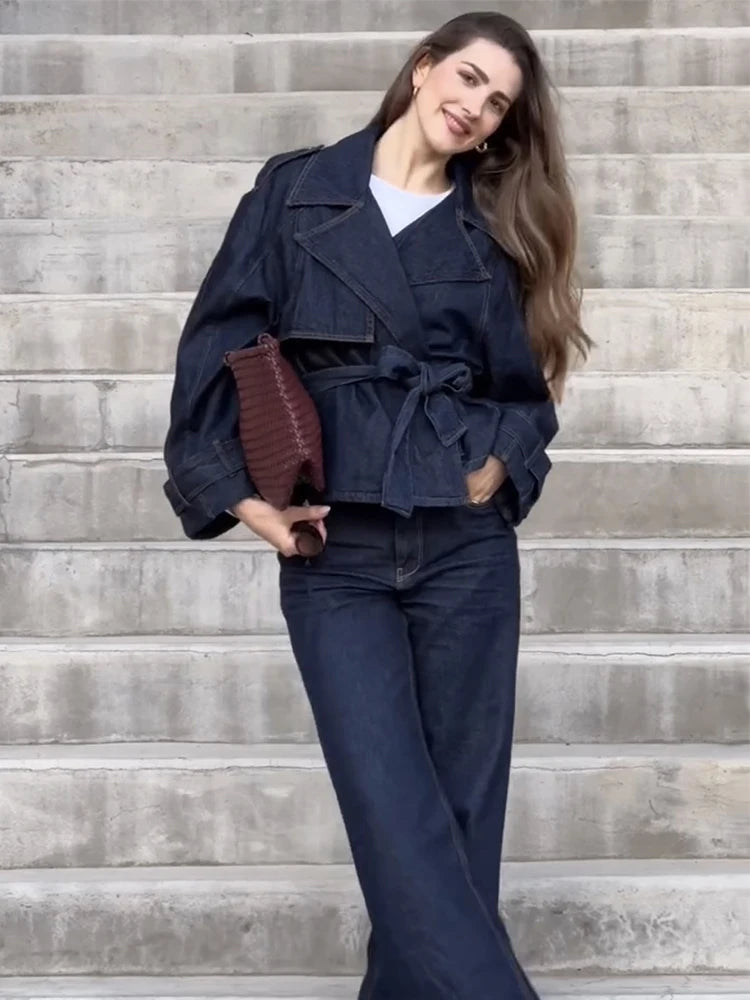 🍒Denim long pant set street Y2K fashion women lapel tie waist coat jacket plus straight leg jeans long sleeve Jacket and trousers jeans two piece suit ladies outfits smart casual clothes Dress Up In Denims