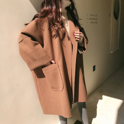 🍒Winterwol-trenchcoat vir vroue - middel-tot-lang los en veelsydige eenvoudige modestyl oorgroot jas baadjie slim gemaklike buiteklere vroue Sak 'n koel Baadjie