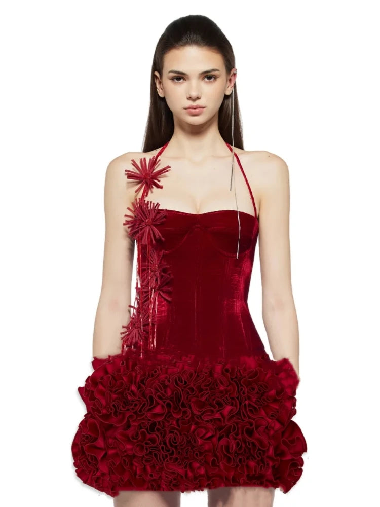 🍒Vroue se romp tweedelige stel halter-korsetboppie 3D-blomme-uitrusting korsetboppie met bypassende romp mini-veterrug bustier-pakke celebrity partytjiedrag COCK -ya TAIL Klere
