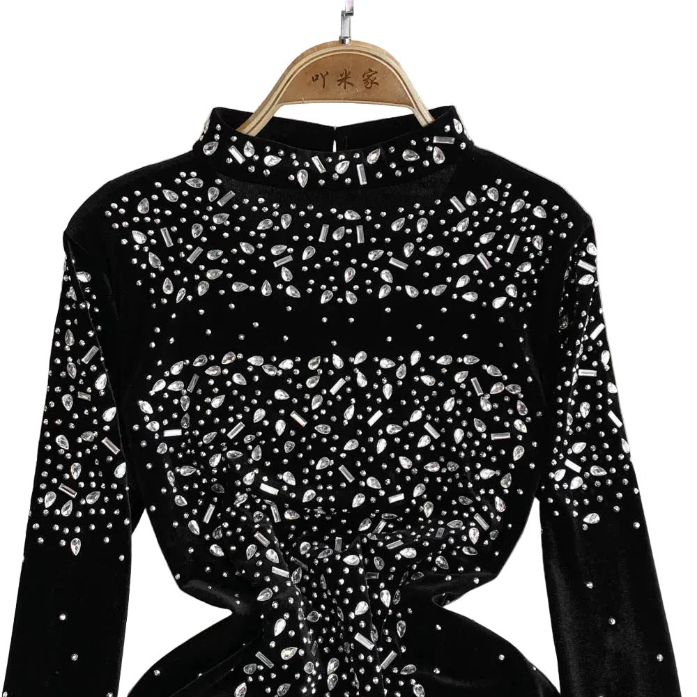 🍒Bodycon o-nek langmou rok glitter strass uitrusting fluweel sjiek oesjaarstyl klere sjiek herfsmode partytjie geleentheid drag Kry Wyn Stoned