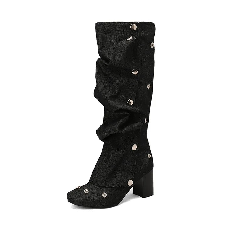 🍒Denim boots for Women blue multi snap-fastener pleated shoes with zip wide calf length boots winter footwear Cute Cowboy