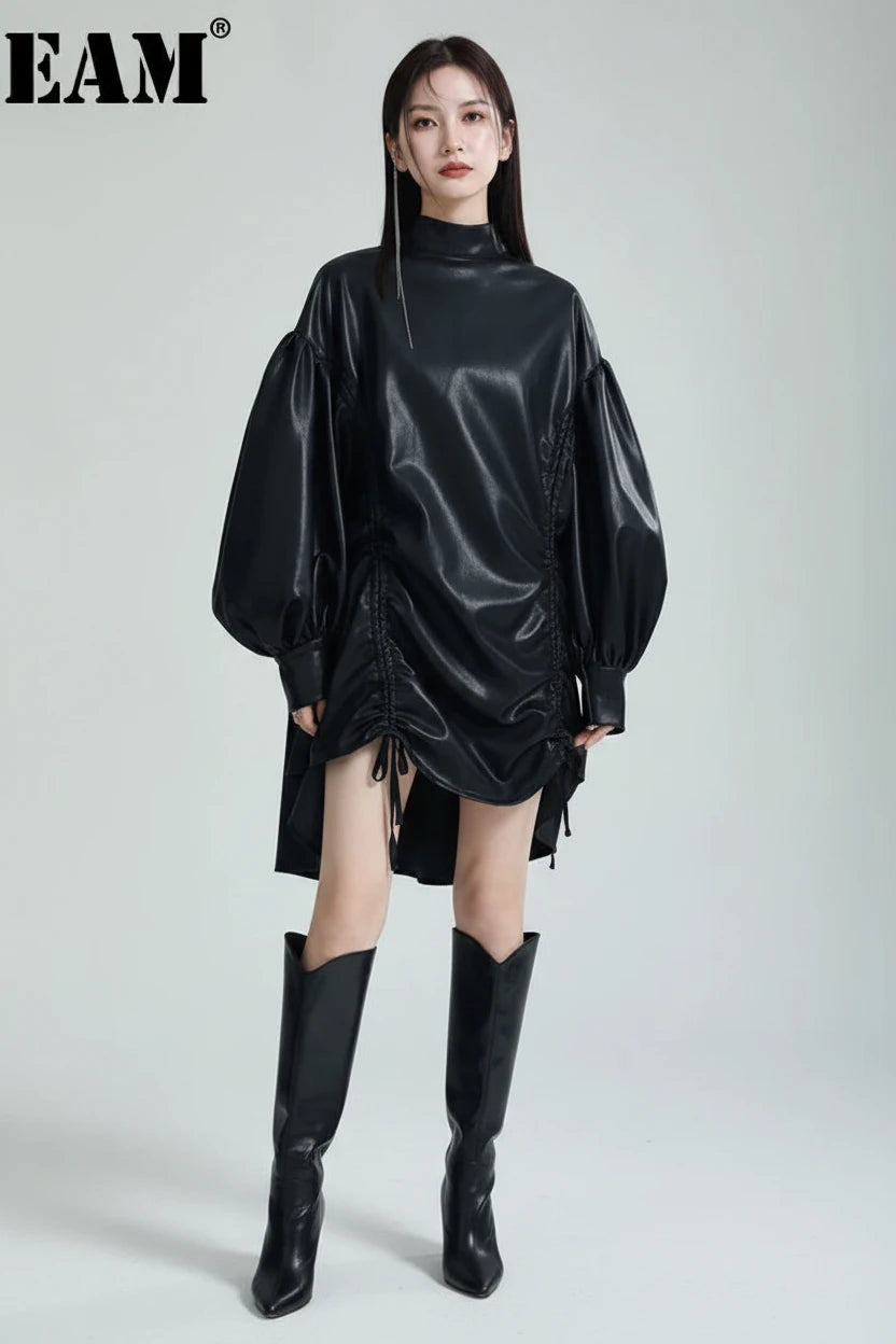 🍒Womens leather top drawstring turtle neck oversize jacket spring autumn fashion long sleeve outwear top smart casual clothing Get Looks In A Leather Look