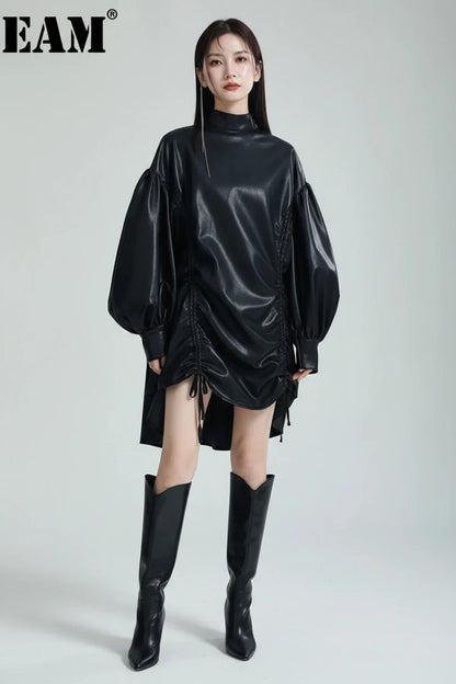 🍒Womens leather top drawstring turtle neck oversize jacket spring autumn fashion long sleeve outwear top smart casual clothing Get Looks In A Leather Look