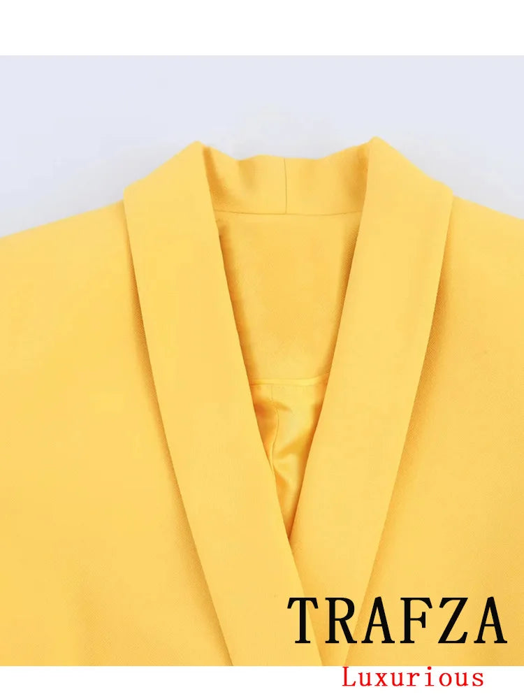 🍒ladies office trouser suit yellow colour solid set v double breasted  jacket with pockets blazer + flared loose pants vintage suits women                                        CAN this v -ARY quick