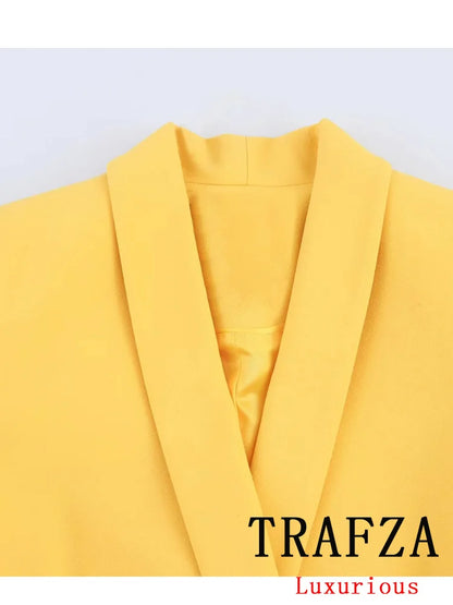 🍒ladies office trouser suit yellow colour solid set v double breasted  jacket with pockets blazer + flared loose pants vintage suits women                                        CAN this v -ARY quick
