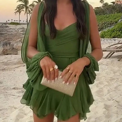 🍒lantern sleeve mini dress solid color v- neck occasion wear  mesh outfit women short holiday dress long sleeve spring summer womens fashion Doll Up In A Doll