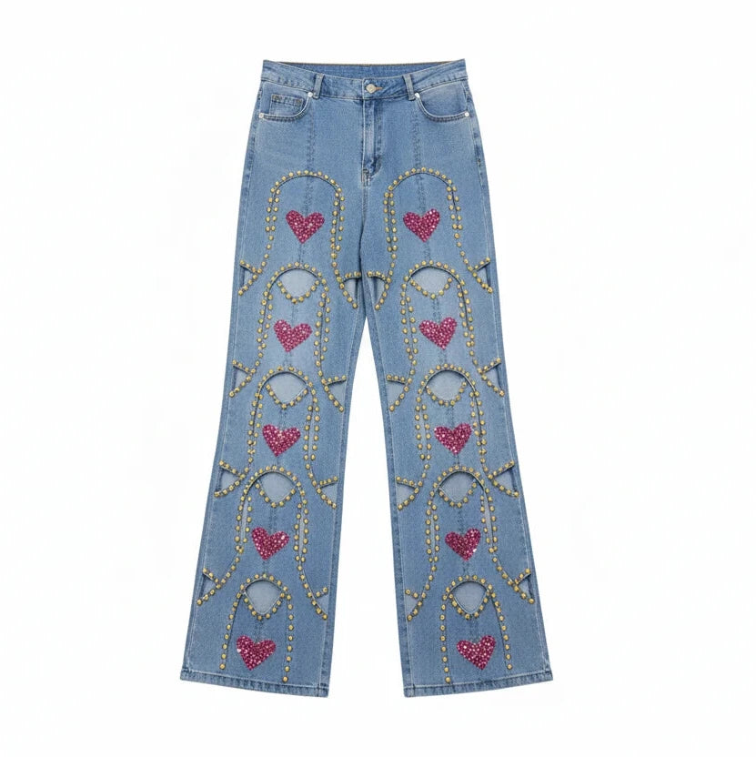🍒Red diamond jeans embellished hollow heart Jeans for women loose wide leg denim trousers cool pants with rivets wHOLE HEARTedly made for you