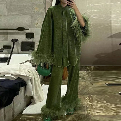 🍒Vroue se staankraag langmou bloes en broekstel met veerbesonderhede, elegante glinsterknope op die hemp en broek, soliede uitrustings herfsmode, partytjiestel geleentheidsdrag.
