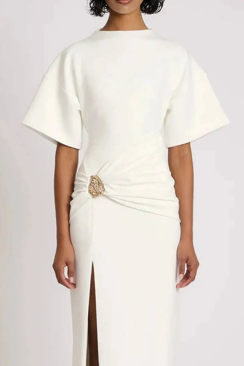 🍒Short sleeve maxi dress  ruched outfit brown women side split occasion dress with belt metal fashion o-neck club party wear occasion white long dresses Paint The Town Red In Brown