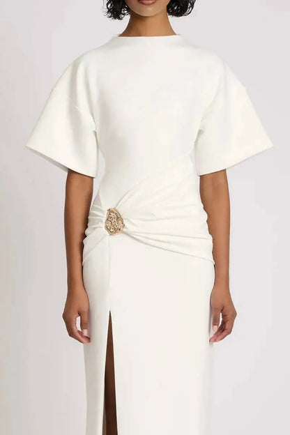 🍒Short sleeve maxi dress  ruched outfit brown women side split occasion dress with belt metal fashion o-neck club party wear occasion white long dresses Paint The Town Red In Brown