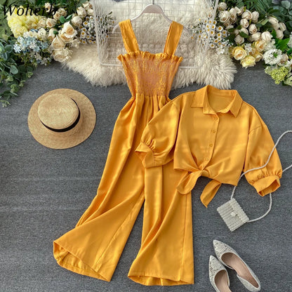 🍒Two piece clothing sets high waisted jumpsuit smart casual women and short sleeve blouse crop top female fashion wears  Y2k style clothing Jump On This Suit