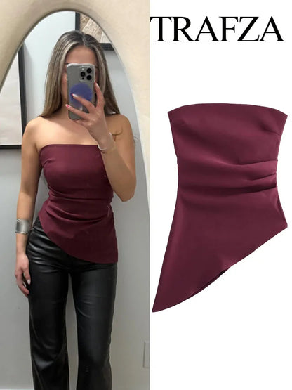 🍒Women's asymetric top pleated shoulderless tops without sleeveless fashion for women zipper smart casual clothing bandeau Get Your Chop Top
