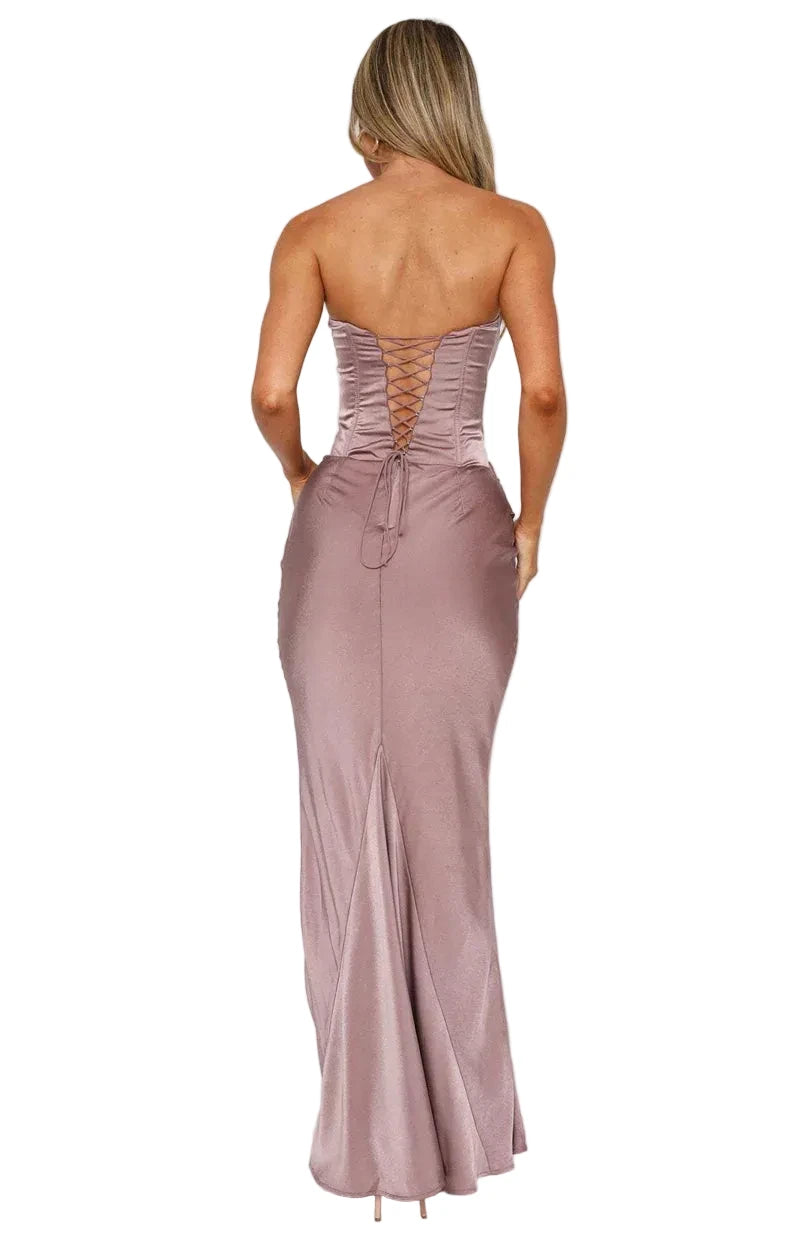 🍒Satin maxi dress womens fashion sleeveless shoulderless Lace-up back bodycon dress clubwear outfits long partywear gown feminine occasion wear Laced With Sugar