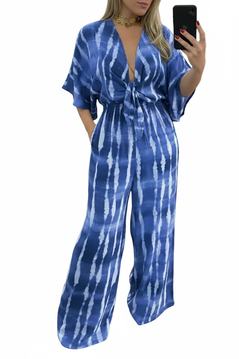 🍒Women's Jumpsuits tie dye Summer relaxed outfits casual  clothing for ladies v-neck one piece tie bow fashion loose wide leg Jumpsuit rompers S-XXXL  tye this tie Into Your style