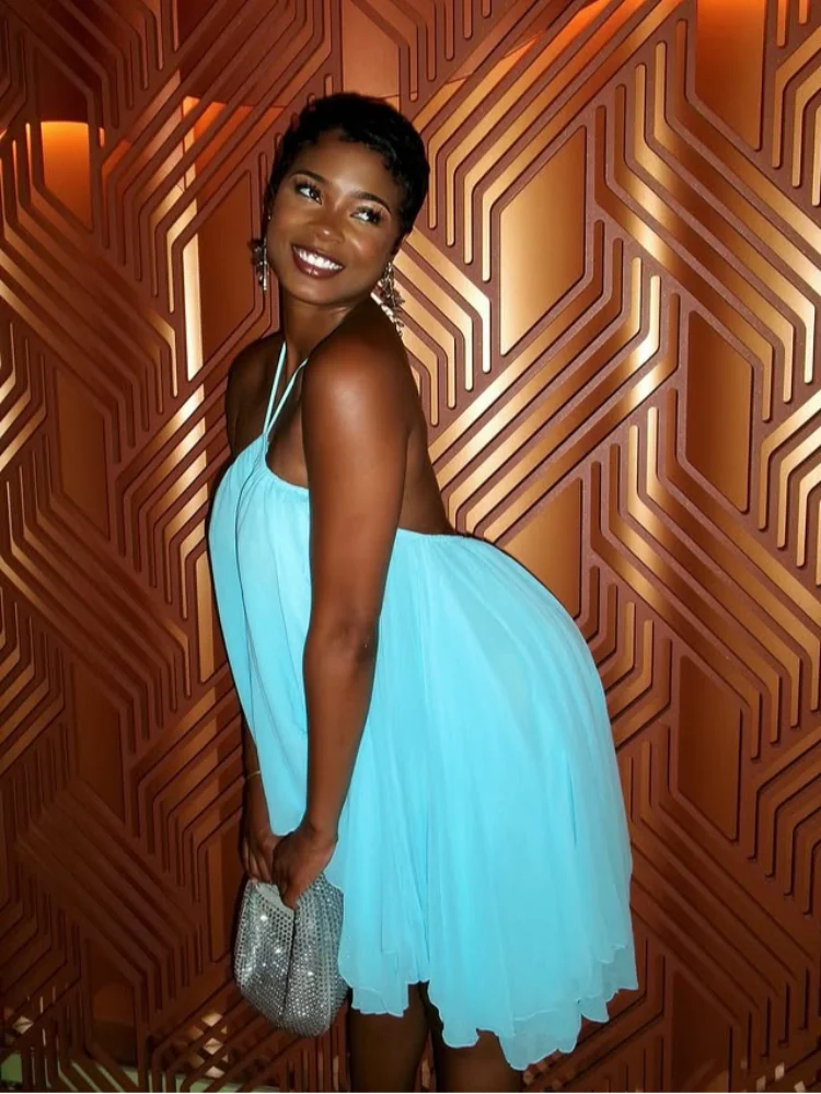🍒Strapless pleated dress string halter neck mini dress uneven hem line chic backless outfits for women holiday beach outfit