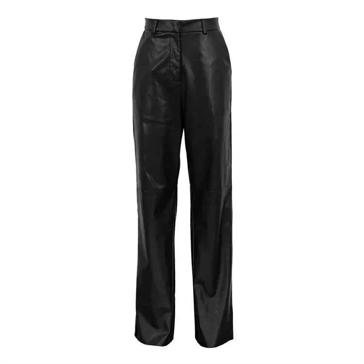 🍒Dames-PU-leertrousers met hoë middellyf, heupopheffing, modieuse reguitbeenbroek, slim gemaklike kledingstukke vir partytjies